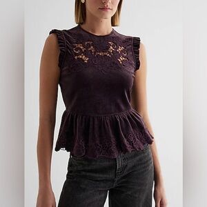 Express Plum Velvet Lace Peplum Top Size Large Sleeveless Ruffle